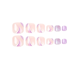 Glittery purple and pink gradient lines press-on toenail kit with shimmering finish