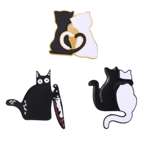 Cartoon enamel cat pin set featuring heart tails and a funny black cat holding a knife