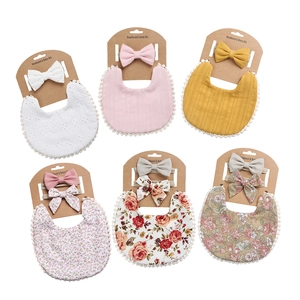 6-pack set of baby cotton linen bibs and matching headbands with diverse floral patterns