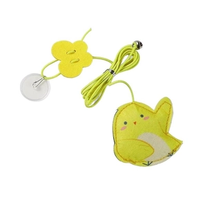 Hanging yellow chicken cat toy with elastic string, suction cup, and bell for door play