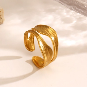 Irregular organic wave double-layer open ring in 18K gold plated stainless steel