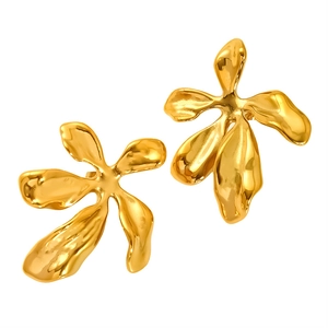 Elegant gold titanium steel leaf stud earrings with a liquid metal flower design