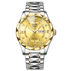 Detail of silver-gold stainless steel watch dial with Roman numerals and dual date window