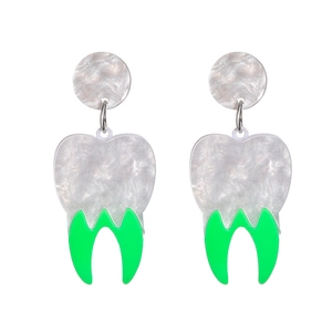 Creepy marble silver fangs acrylic earrings with green accents for Halloween costumes