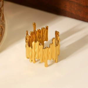 Irregular 18K gold plated stainless steel open ring with artistic lava flow texture