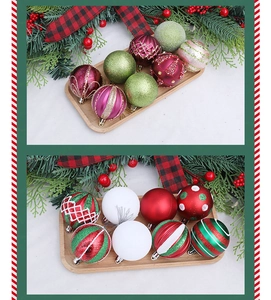 Detailed view of colorful painted Christmas balls in a wooden tray for tree decoration
