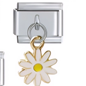 Detail view of a silver stainless steel modular link with a white and yellow daisy charm