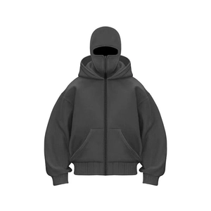 Dark grey heavyweight zip-up hoodie with a full-face mask hood and drop shoulder design