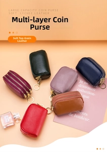 Litchi pattern genuine leather coin purses with multi-zipper layers and gold keyrings