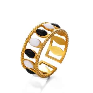 Golden stainless steel open ring with black and white oval enamel inlay for women
