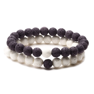 Minimalist volcanic lava stone aromatherapy bracelet set for couples in black and white
