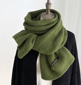 Classic checkered knit scarf for women in army green, thick warm winter neck wrap style