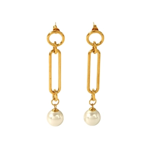 Elegant gold titanium steel long oval link earrings with white pearls on white background