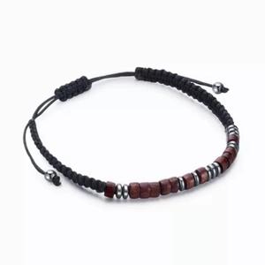 Adjustable Morse code bracelet with obsidian tiger eye beads and woven cord for men