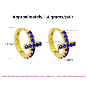 Detailed view of gold cross hoop earrings with blue stones and precise dimensions