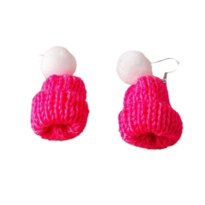 Cute magenta knitted beanie earrings with white pompom and silver metal hooks