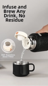 Detail view of large stainless steel flask pouring water through an orange filter seal