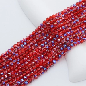 Macro shot of 4mm red faceted glass beads with AB coating on white display stand