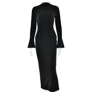 Elegant black slim-fit long sleeve dress with flared cuffs and stand collar on model