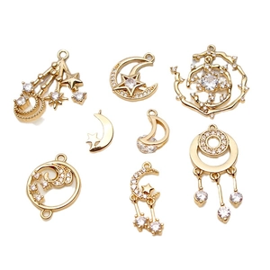 Gold star and moon pendants with cubic zirconia for DIY jewelry making and earring design