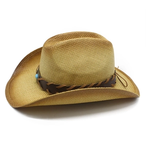 Classic straw western cowboy hat with brown braided leather band and blue turquoise bead