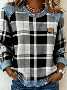 Women's crewneck sweatshirt with plaid and denim patchwork design and leather patch