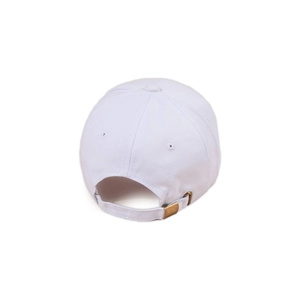 Back view of white baseball cap showing adjustable brass buckle and cotton texture