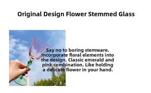 Detail of flower-shaped wine glass with pink petal bowl and emerald green stem