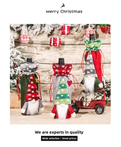 Detailed view of three festive Christmas gnome wine bottle covers in a holiday setting