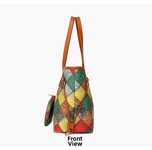 Side view of multi-color patchwork tote bag with crocodile texture and mini coin purse