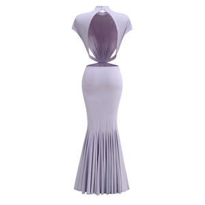 Close-up of lavender halter maxi dress with back cut-out and pleated mermaid hem detail