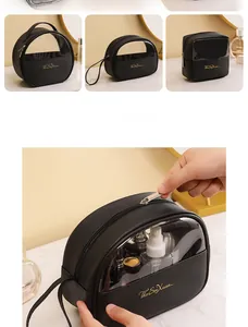 Detail of black PU leather makeup bags with clear PVC window for easy organization