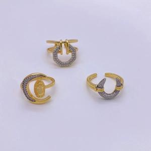 Minimalist 18K gold plated geometric rings with zircon in hexagonal and moon shapes