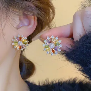 Charming flower earrings with colorful zircon stones in gold plated setting for women
