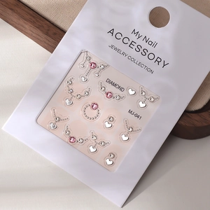 Pink heart and crystal 3D nail art stickers set on MJ-041 display card with rhinestones