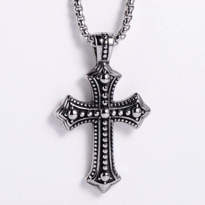Gothic punk stainless steel cross pendant with embossed textures and a silver ball chain