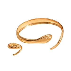 Two-piece gold snake-shaped jewelry set with polished open bracelet and matching ring