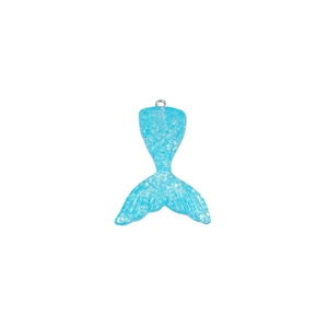 Detailed view of a gradient blue resin mermaid tail pendant with shimmering glitter finish