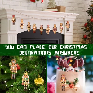 Nutcracker wooden Christmas tree ornaments set hanging on a fireplace and gift bags