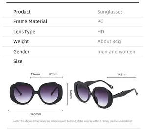 Detailed technical size chart showing frame width and temple length for large sunglasses