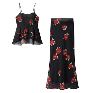 Floral print two-piece set with tiered ruffle top and high-waist maxi skirt
