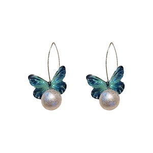 Elegant blue gradient butterfly drop earrings with white pearls and silver hooks