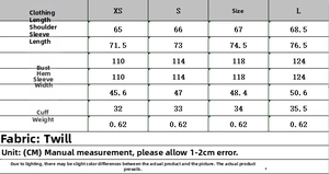 Detailed size chart for the tie-waist trench coat featuring measurements from XS to L