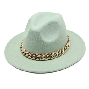 Women's mint green wool fedora with a decorative chunky gold chain accent