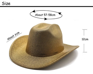 Size specifications of a gold glitter cowboy hat with 57-58cm circumference and 8cm brim