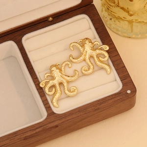 Golden octopus stud earrings in stainless steel with detailed sea creature texture