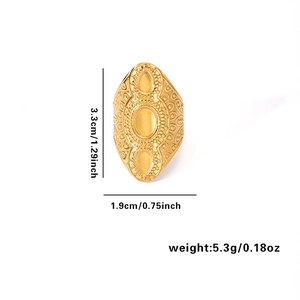 Anello largo bohémien in acciaio inossidabile dorato con texture ovale vintage e misure