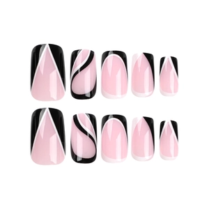 Square medium press-on nails with black, white, and pink geometric French line designs
