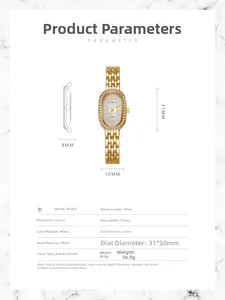 Spécifications détaillées de taille pour une montre ovale en or avec diamants