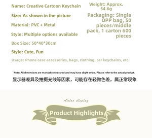 Detailed specifications of creative PVC cartoon keychain showing material and weight info
